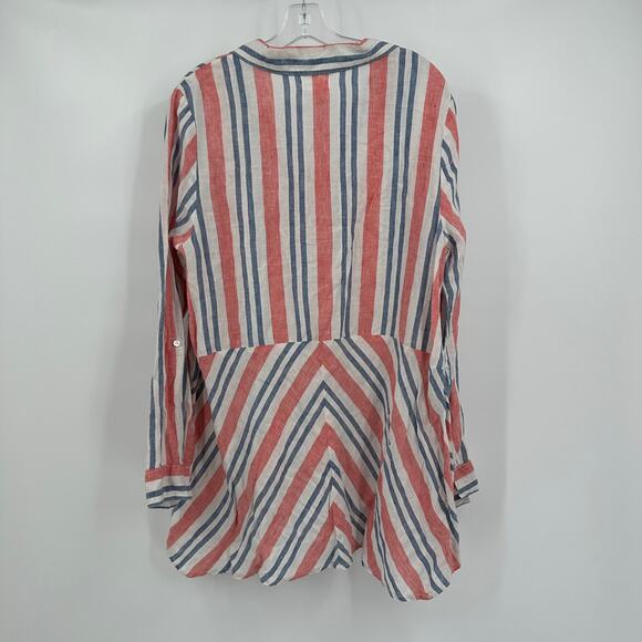 Artisan NY Womens Linen Top L Striped Button Front Coastal Grandmillennial - Picture 2 of 7